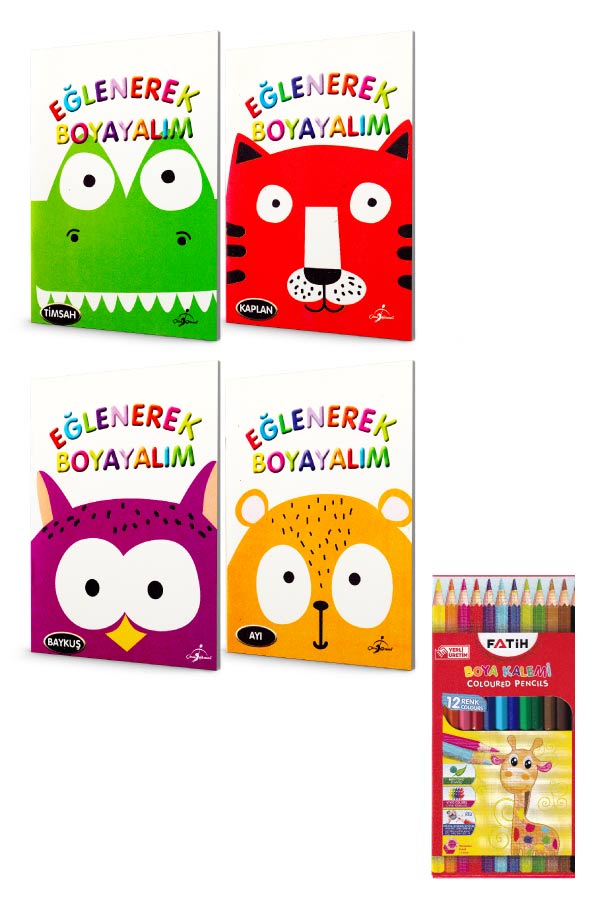 12 Renk Kuru Boya Kalemi Ve Eğlenerek Boyayalım seti - 4 Kitap - 1